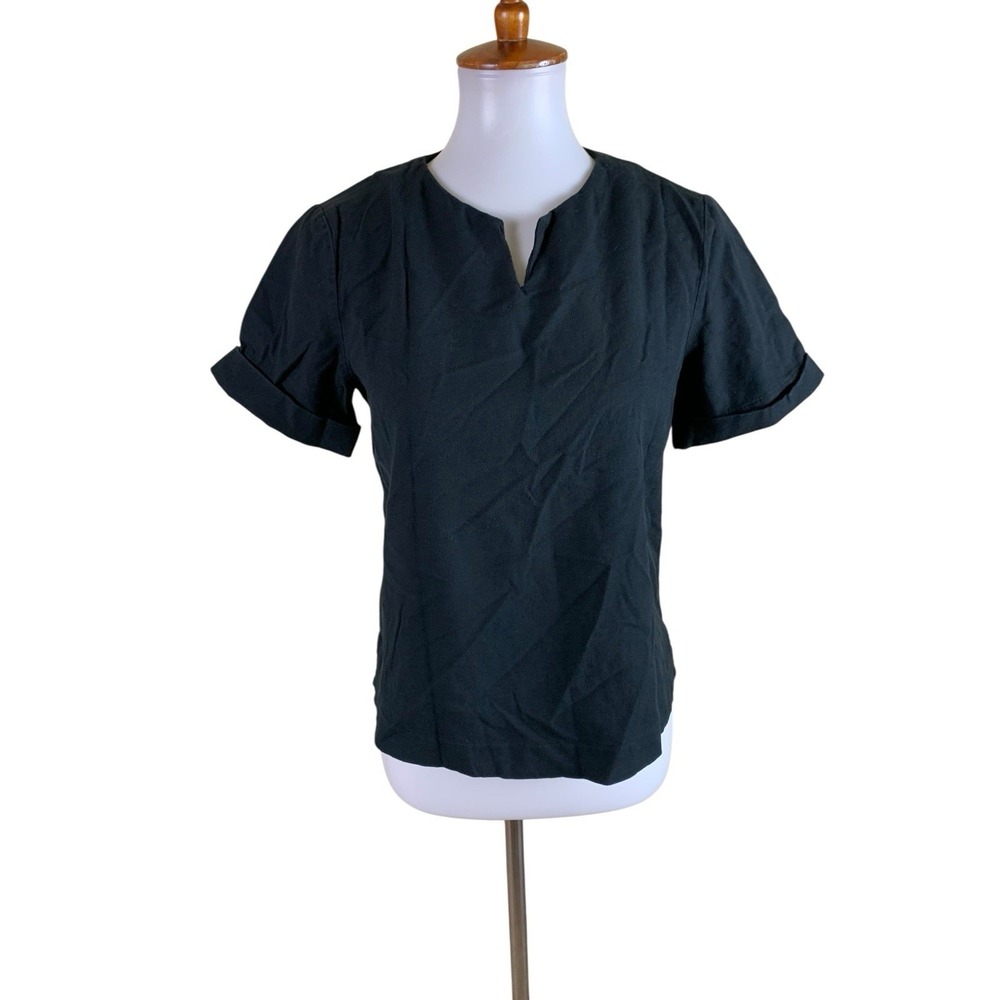 Giordano Black Short Sleeve Split Neck Blouse Top Relaxed Fit 2
